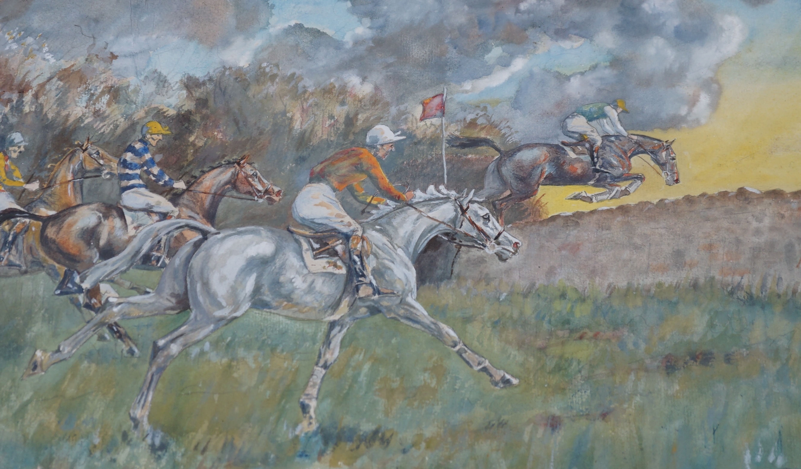 John Broad, watercolour, Steeplechasing, signed, 22 x 35cm, gilt framed. Condition - fair, rippling to the paper